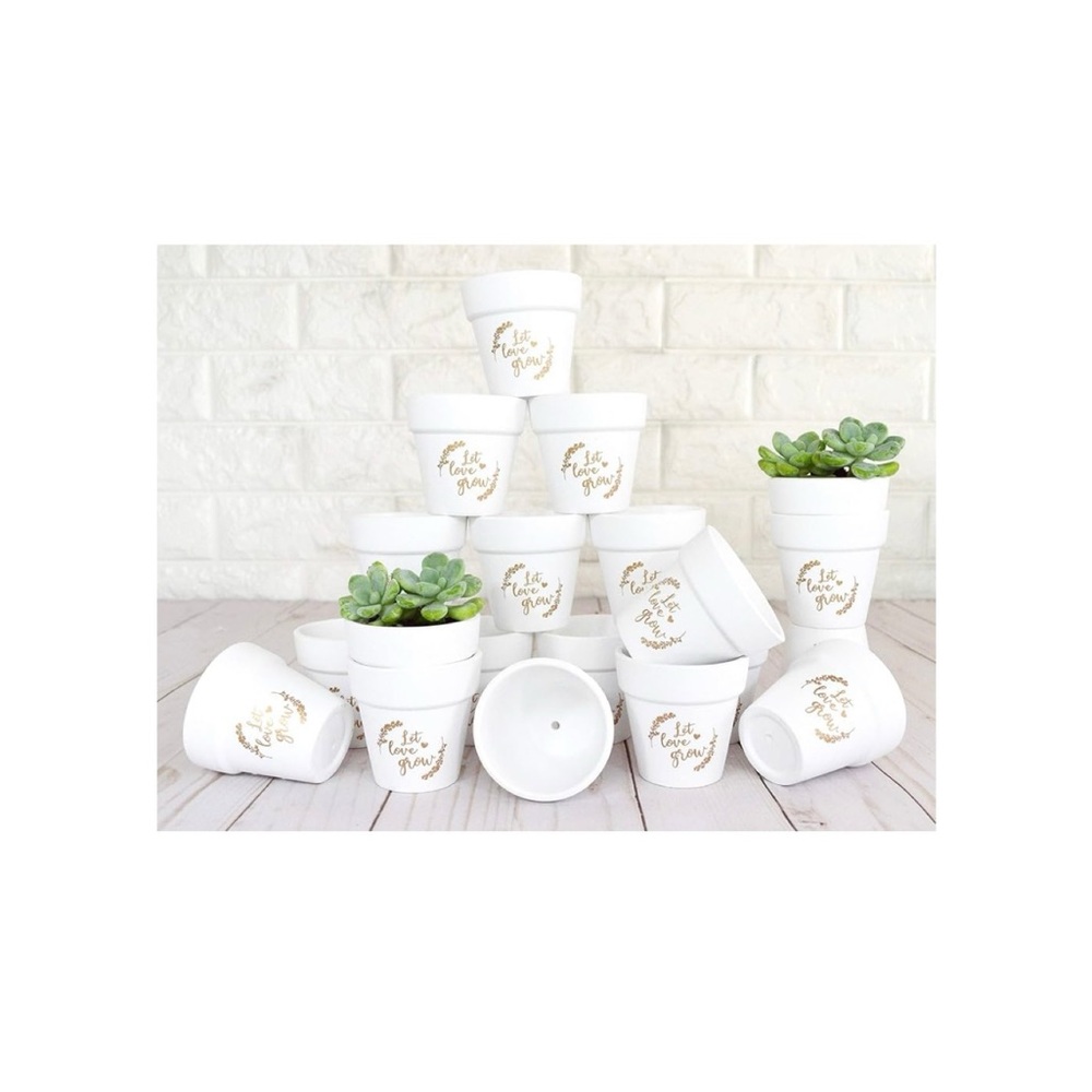 20 Pc Let Love Grow 2.5" White Succulent Mini Clay Pots with Gold Print, NEW